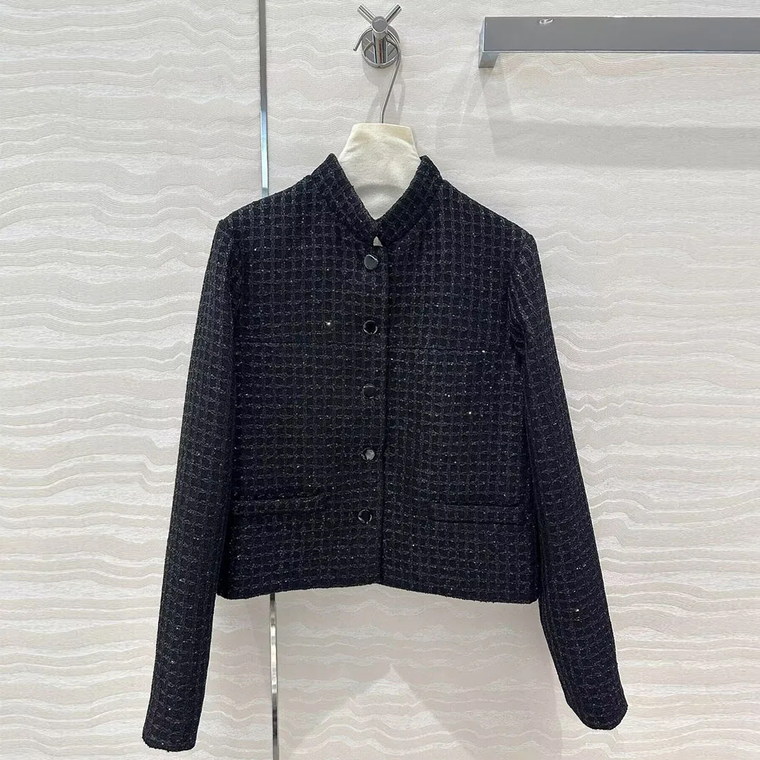 2025 New Spring Luxury Sequins Black Plaid Woolen Woven Tweed Jacket Women Stand Long Sleeve Single Breasted Pockets Sweet Coat