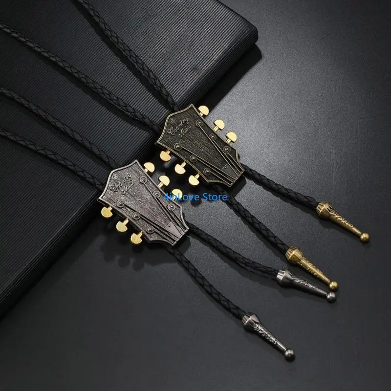 T4MD 2pcs Vintage Guitar Tie Adjustable Leather Necktie Men Western Rodeos Accessory for Music Lovers and Rock Enthusiasts