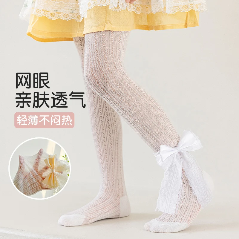 Lolita Style Kids Footed Tights With Satin Lace Large Bow Decor Breathable Soft Stretchy Elastic Waist Sweet Princess Pantyhose