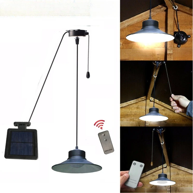 Solar-powered LED pendant light with remote control, pull-cord switch, and split design – ideal for sheds and tool rooms.