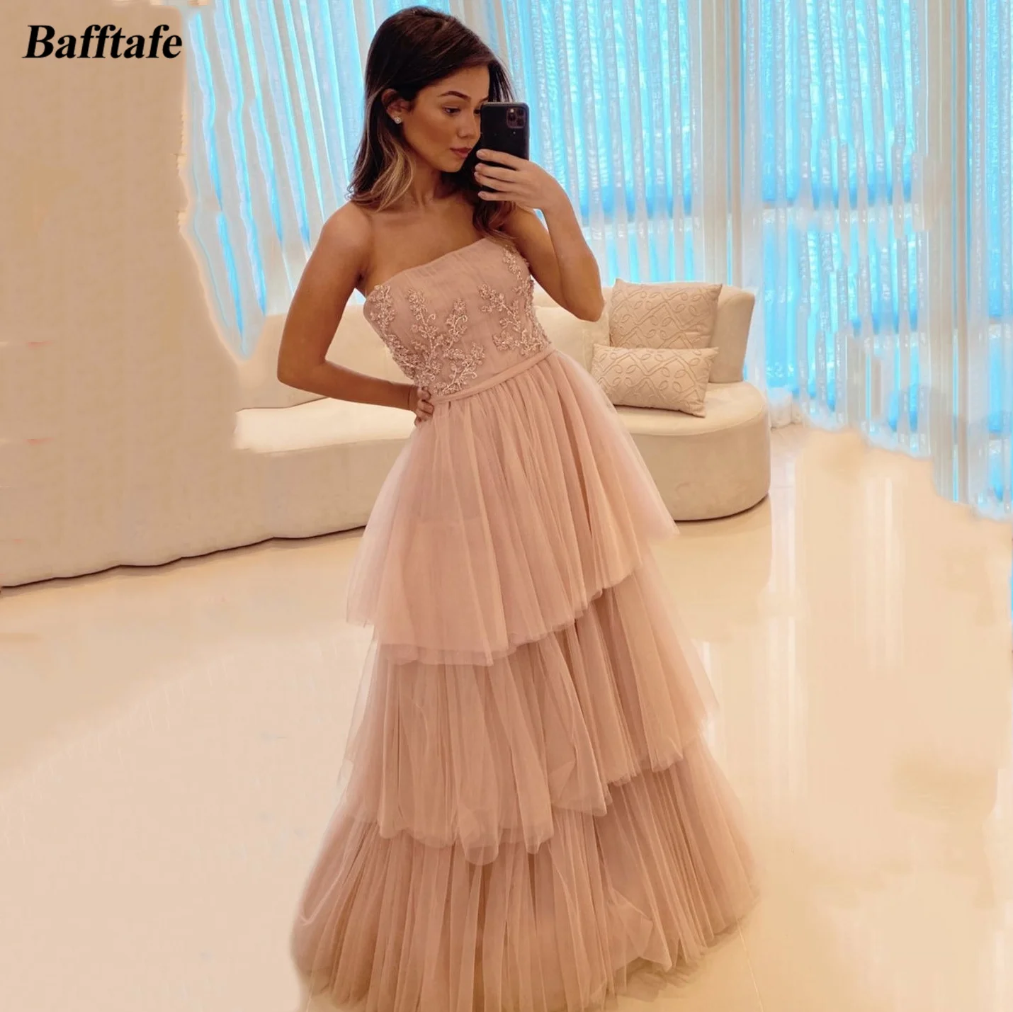 

Bafftafe Champagne Tulle Women Prom Party Gowns Appliques Lace Tiered Skirt Evening Dresses Special Occasion Celebrity Dress