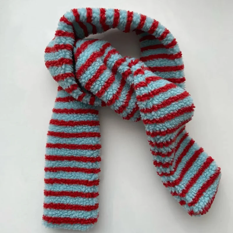 Women Colorful Lambswool Striped Scarf Y2K Cute Winter Plush Warm Necklace Japanese Couple Thickened Wrap Children's Scarf