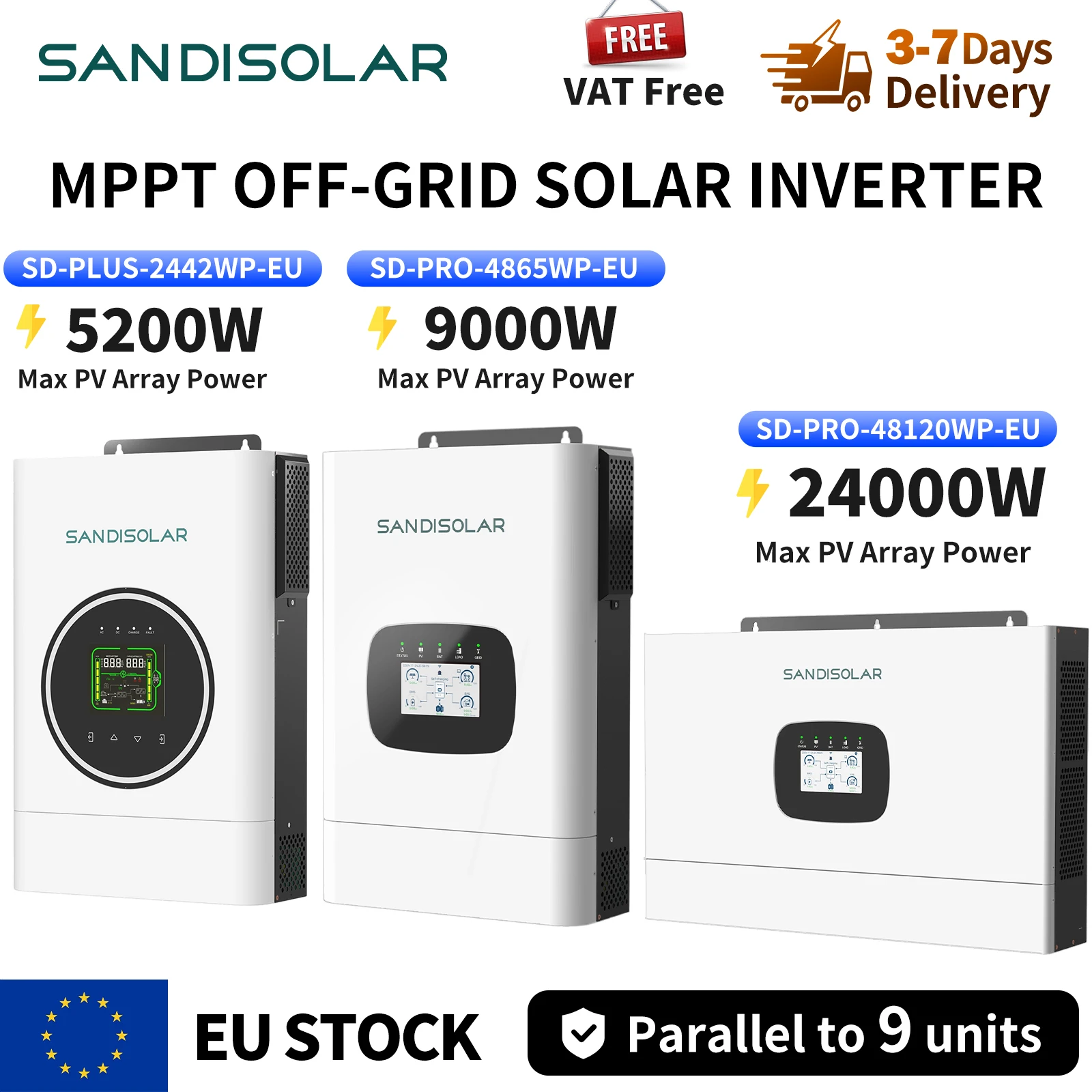 SANDISOLAR 48V 12000W 6500W 4200W Solar-Wechselrichter Off-Grid für Heimsysteme mit Dual-MPPT-Batterieladung Parallel 9 Einheiten