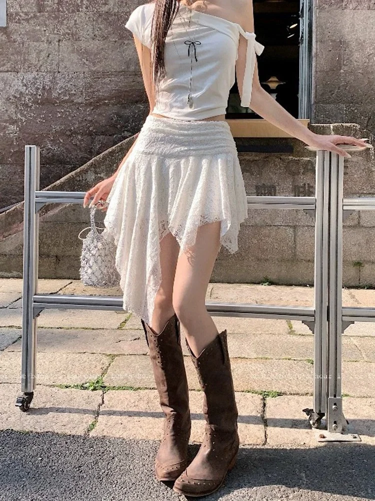 High Waist Lace Insert Half Skirt Double Layer Pure Color Asymmetrical Design Korean Style Commute A-Line Skirt Polyester Fabric