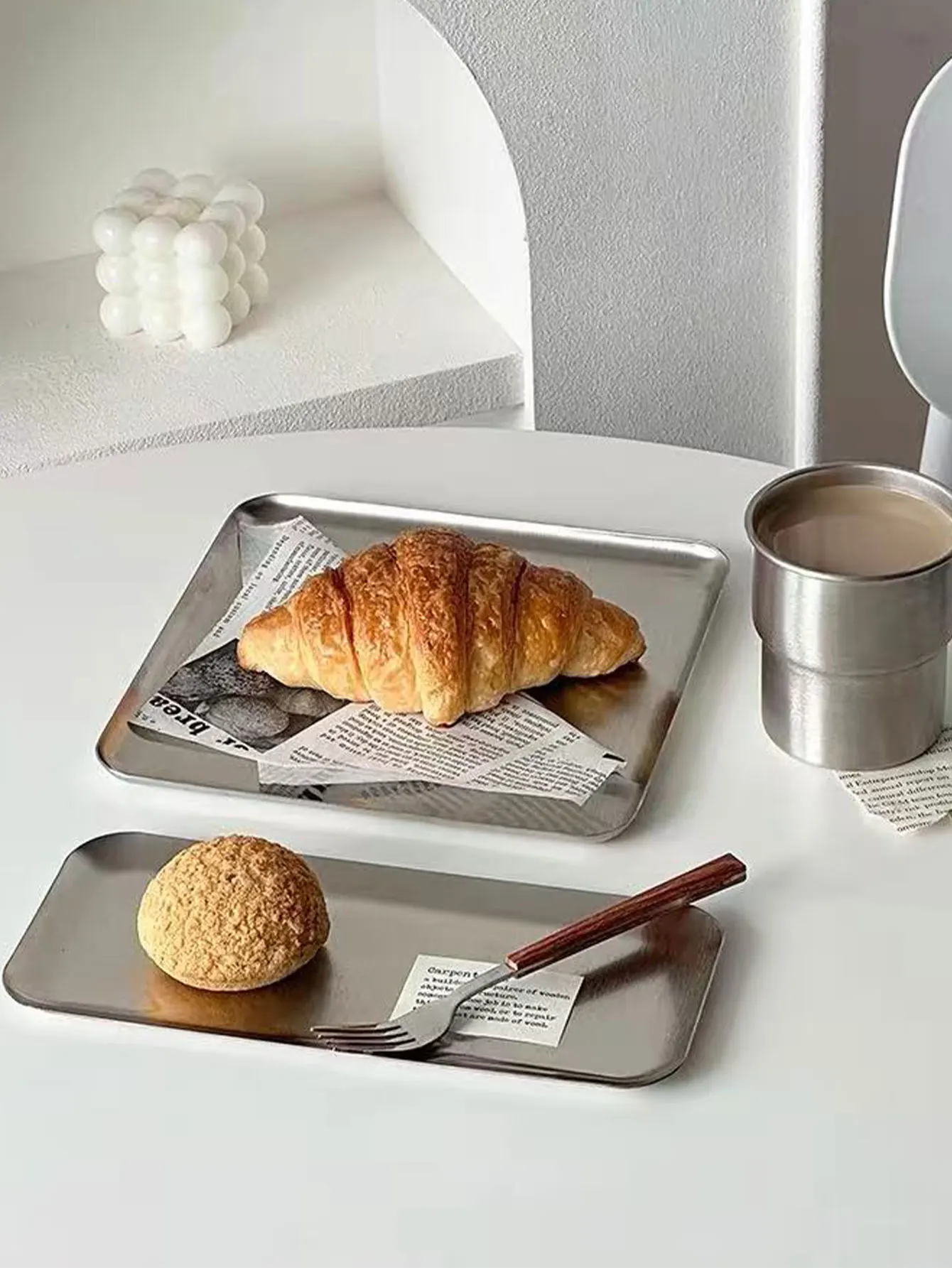 Korean-Style 304 Stainless Steel Rectangular Cafe Tray with Straight Edges, Silver Barbecue Plate, Flat Plate, Dessert Cake Plate, 1 Piece view 4