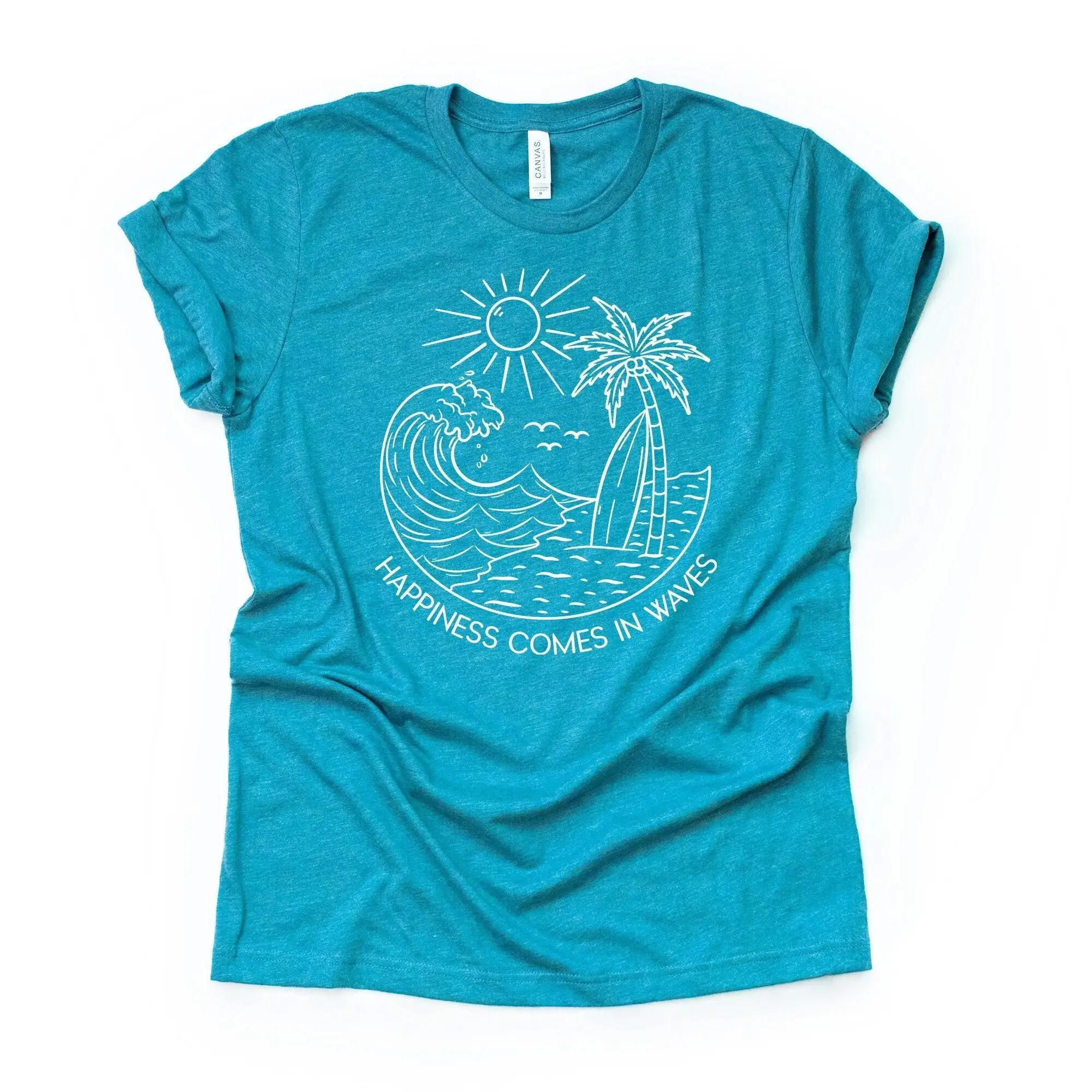 Summer Beach T Shirt Happiness Comes In Waves Scene Palm Trees Design On Premium Unisex 3 Color Choices 3X 4X