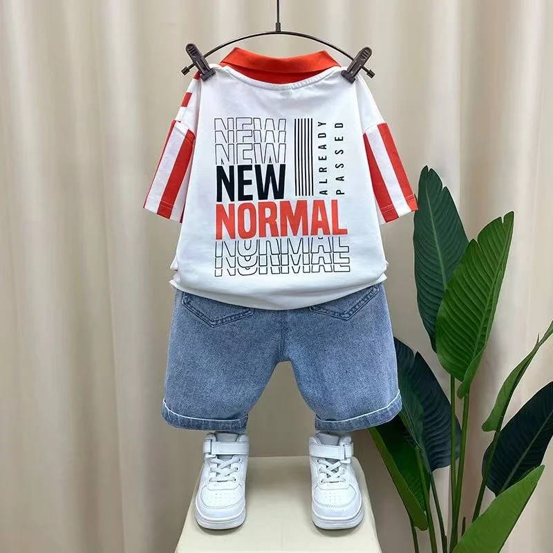 Baby Boys Cartoon Lapel Collar manga curta listrada camisa e shorts jeans, Boutique Sport Casual Clothing, novo, verão, 2pcs