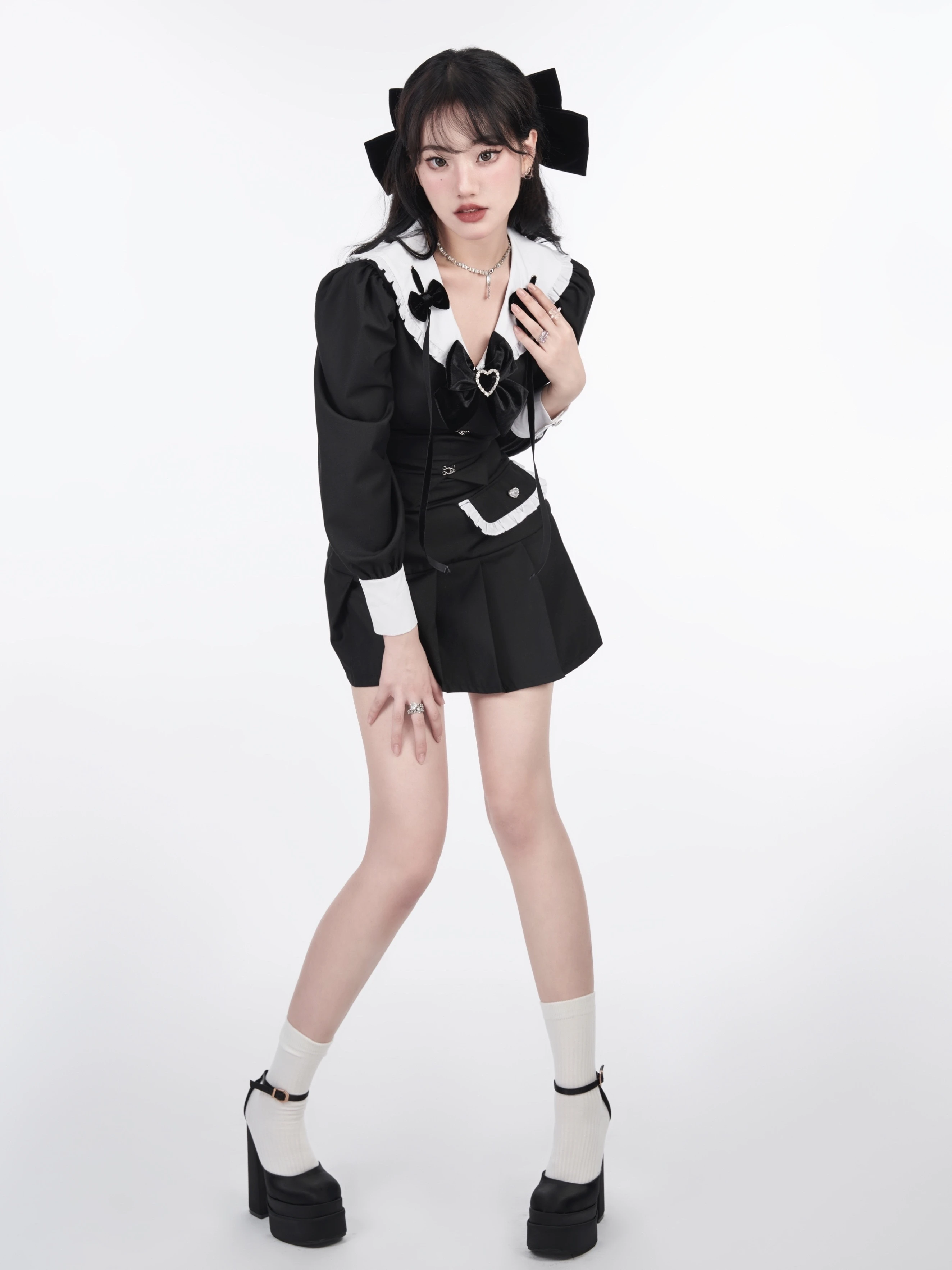 Japanese Sweet Preppy Style Sweet Cool Girl JK Dresses Navy Collar Bow Long Puff Sleeve High Waist Slim Short Dress Women Spring