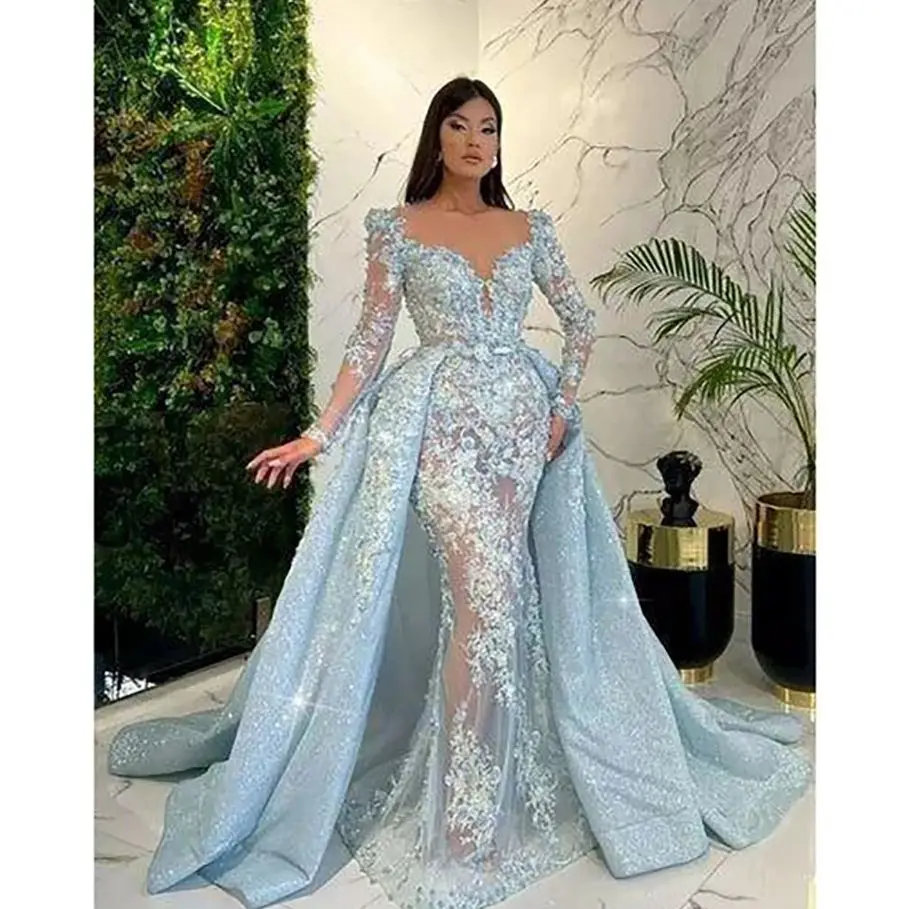 Sky Blue Lace Square Neck Mermaid Women Evening Dress With Train Long Sleeved Custom Made Gown Vestido de novia