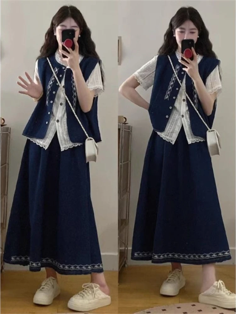 

Petite Boho Denim Vest Set - Washed Blue Layered Summer Outfit Blouse & Embroidered Midi Skirt | Retro Ensemble Clothes Set