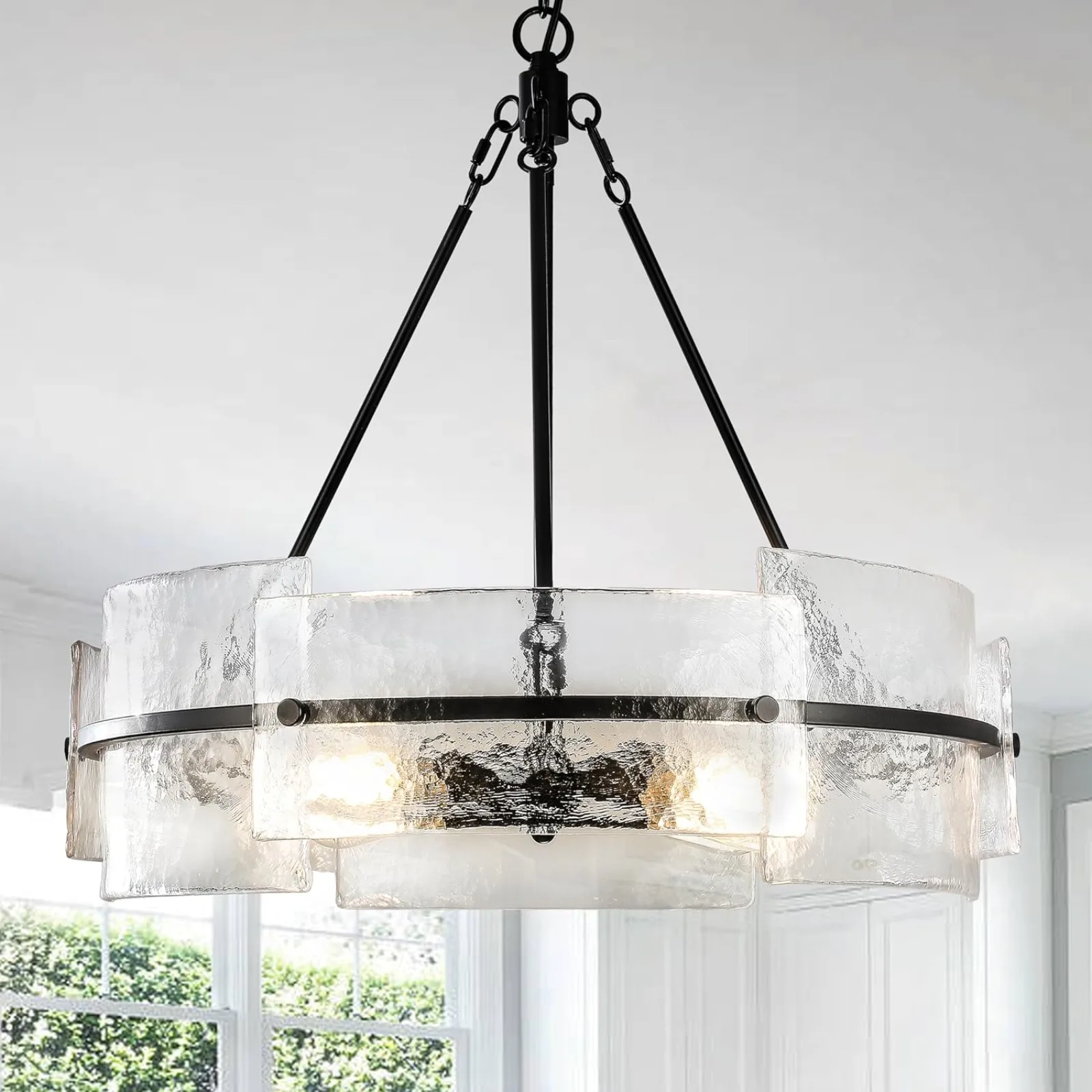 

US Modern Dining Room Chandelier 22” Black Textured Glass Chandelier Luxury Drum Crystal Light Fixture Farmhouse