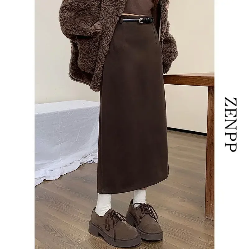 Gaganight Women Melad Coffee Colored Woolen Skirt 2024 Autumn Winter New Korean Chic Solid Color Hip Bag A line Half Skirt