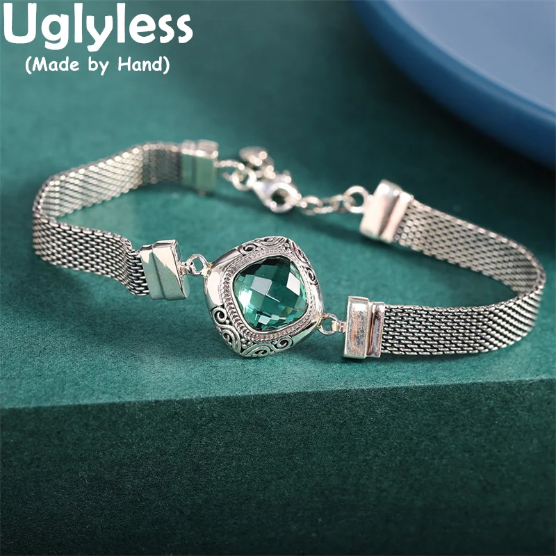 

Uglyless HOT Island Style Rhombus Faceted Crystals Bracelets for Women 925 Sterling Silver Square Bracelets Thai Silver Bangles