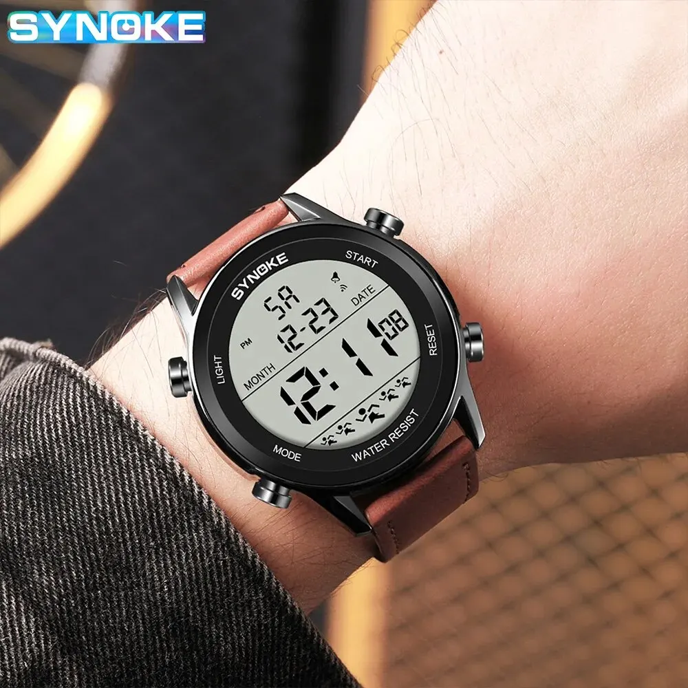 SYNOKE Uomo Sport all'aria aperta Multifunzionale Impermeabile Display a grande schermo LED luminoso digitale per uomo Orologio da cintura alla moda