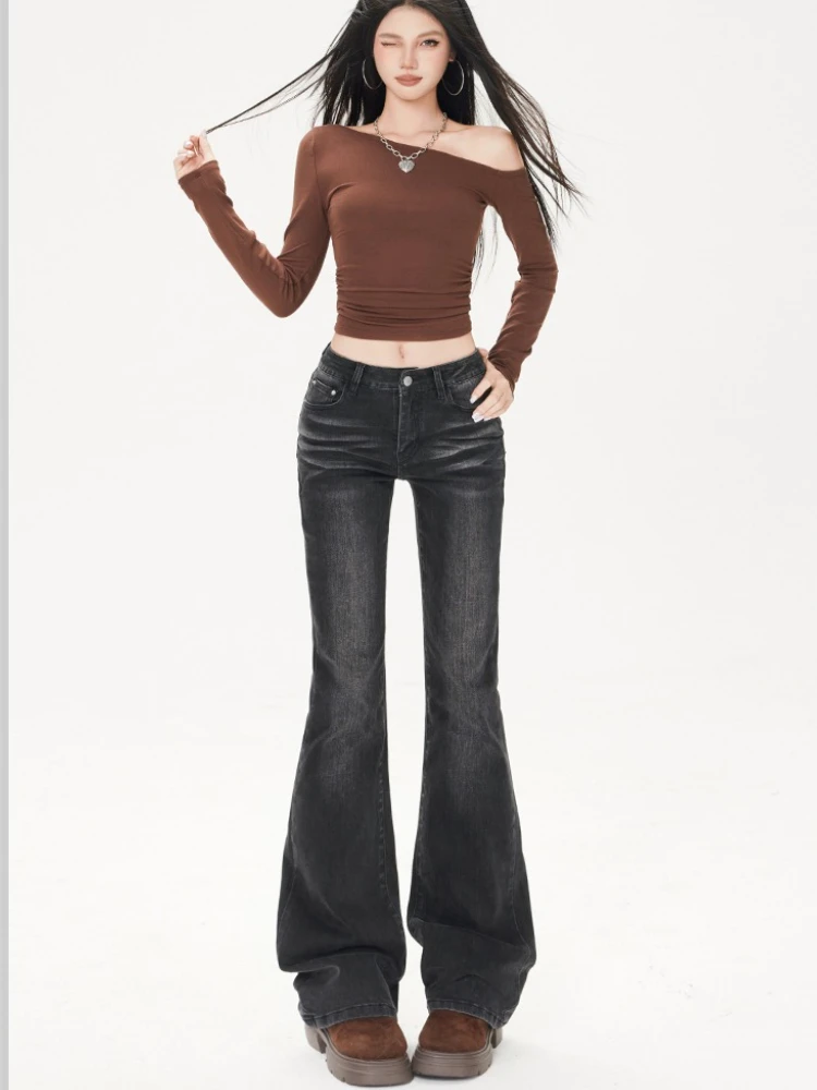 

Женские осенние джинсы 2024, новые американские стильные джинсы с микроподтяжками в стиле ретро, утягивающие и эластичные брюки-подкова с высокой талией