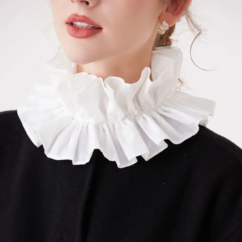 

Модный воротник-имитация из хлопка с рюшами, однотонный (черный/белый), вертикальный, с кружевом, на все сезоны, тренд 2026