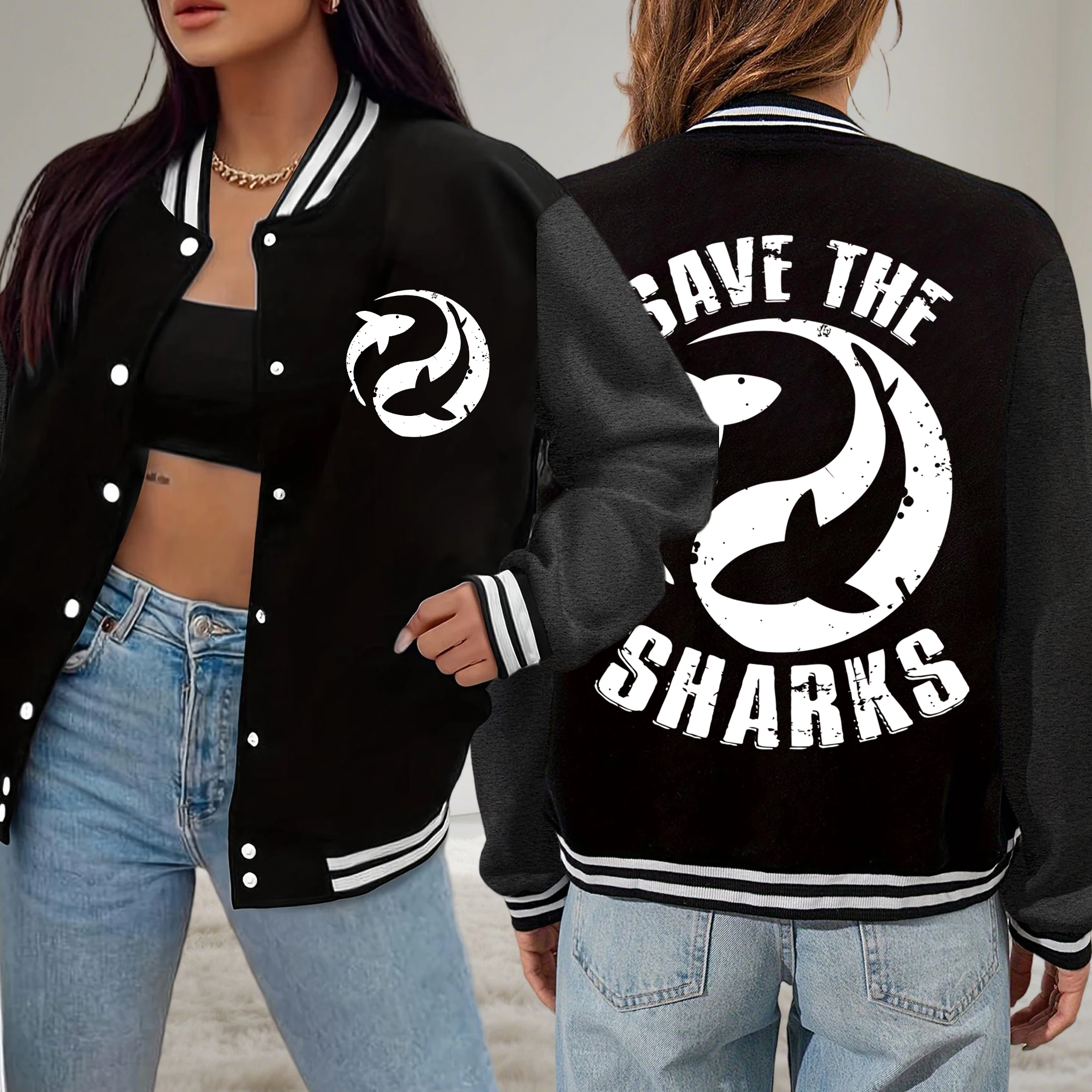 

Save The Sharks Simple Printed Women Jackets Button Casual Baseball Uniform Fleece Loose Clothes Autumn Vintage Sportswear