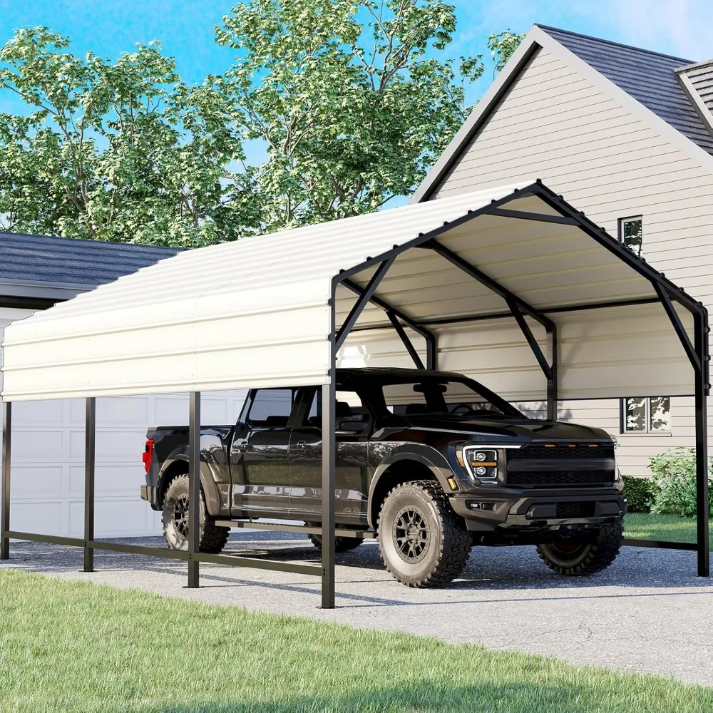 Metal Roof Carports Kits 10x15 ft, Extended Roof Overhangs, Reinforced Construction Heavy Duty Steel Car Canopy Hard Top Garage