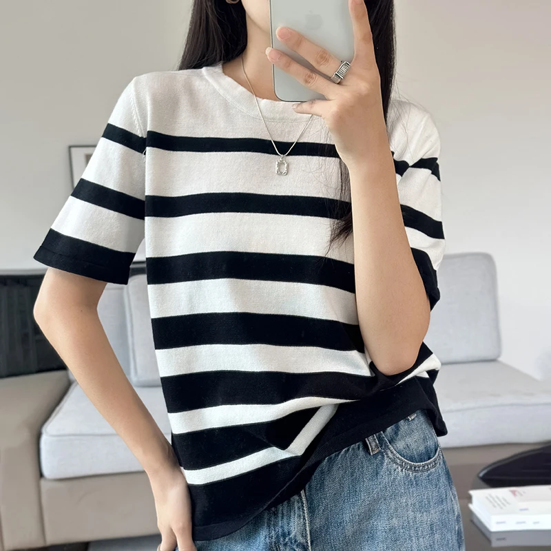 

Summer new 100% pure cotton knitted short sleeved casual women's T-shirt round neck loose Tees striped pullover Tops cool