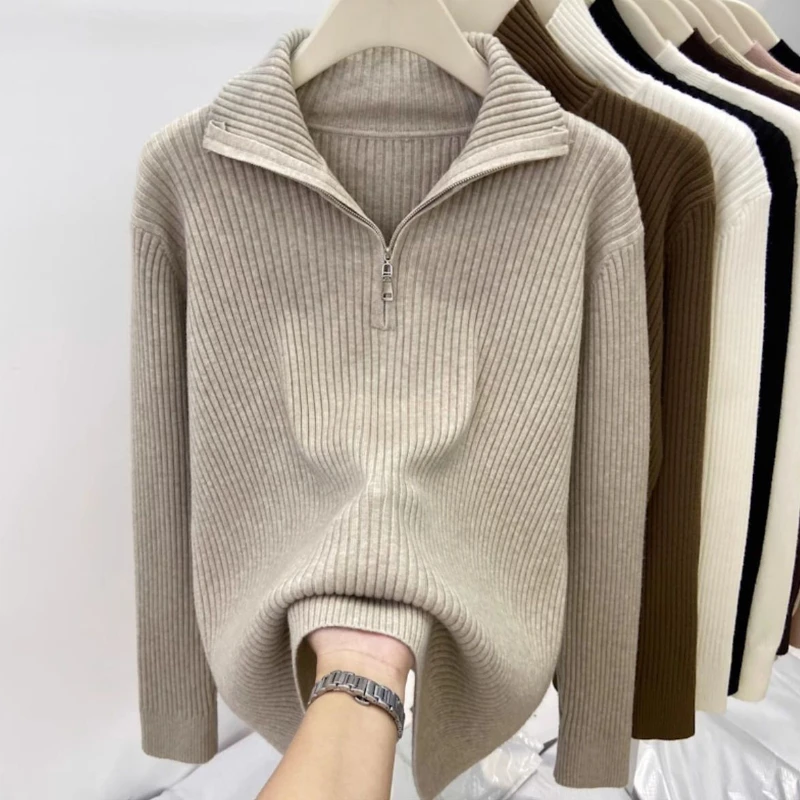 2024 New Autumn Winter Pullover Sweater Women Fashion zipper Polo Collar Sweater Women Loose Casual Long Sleeve Warm Knit Top