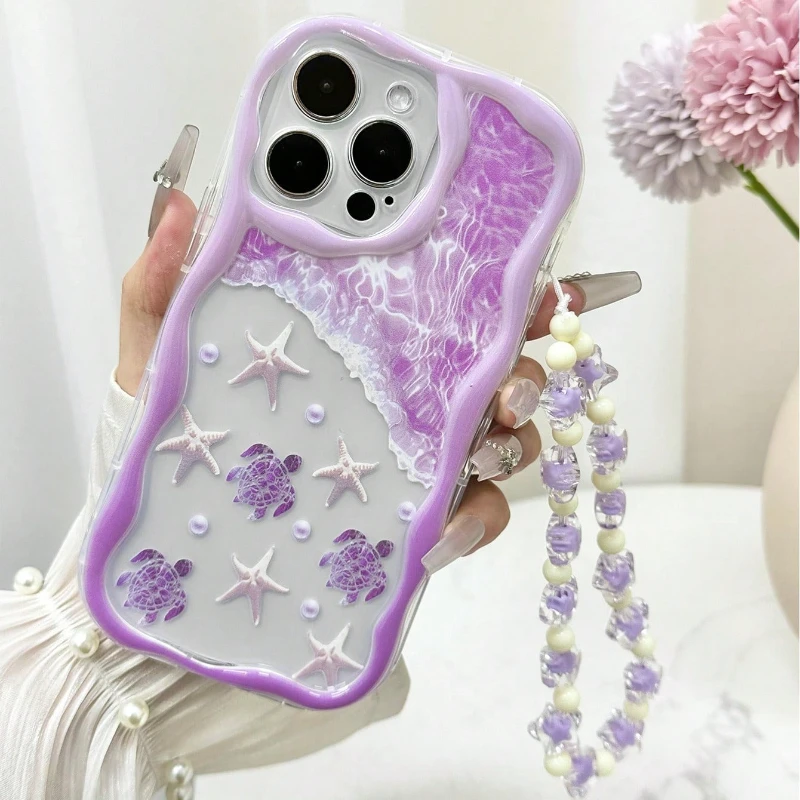 Funda de verano con tortuga y elementos marinos, borde ondulado para iPhone 17 16 15 14 13 12 11 Pro Max Plus 17E, clara con cuerda de cuentas, cubierta suave 5