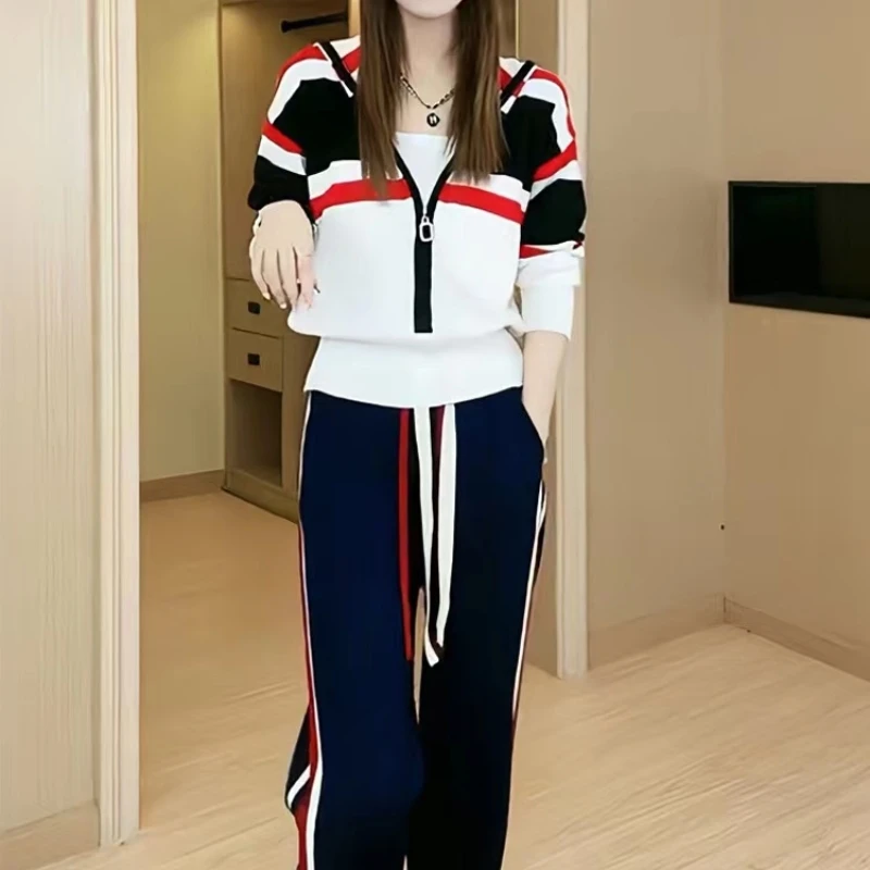 

Slimming Fitn Hoodie And Pants Two-Piece Set for Women Korean Sle Casual Long Sve Zipper Closure Autumn Season