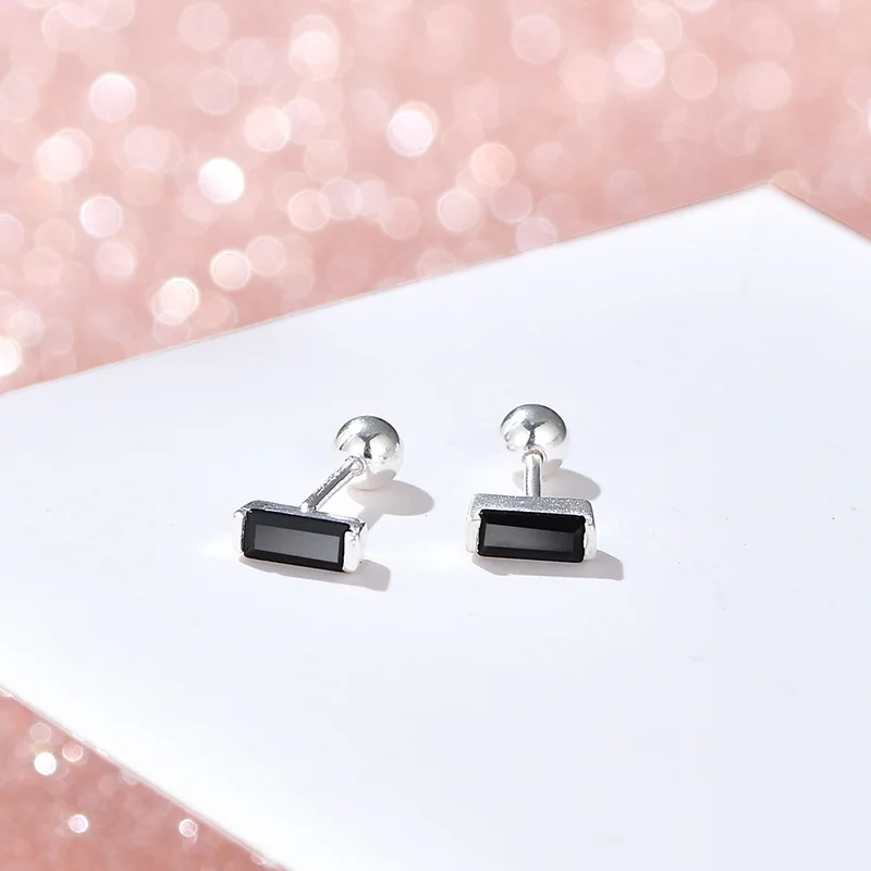 925 Sterling Silver Simple Strip Zircon Screw Beads Small Stud Earrings for Women Ear Bone Puncture Jewelry Accessories