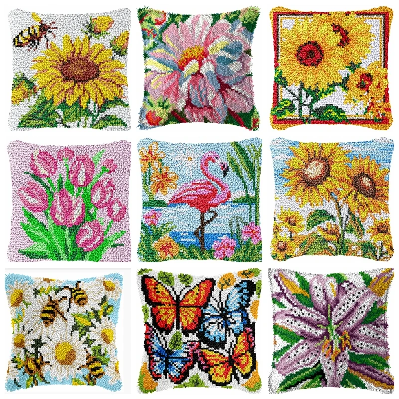 

Outdoor Sunflower Latch Hook Kit Mats Cushion Pillow DIY Crafts Needlework Button Package Cushion Embroidery Latch Hook Carpet