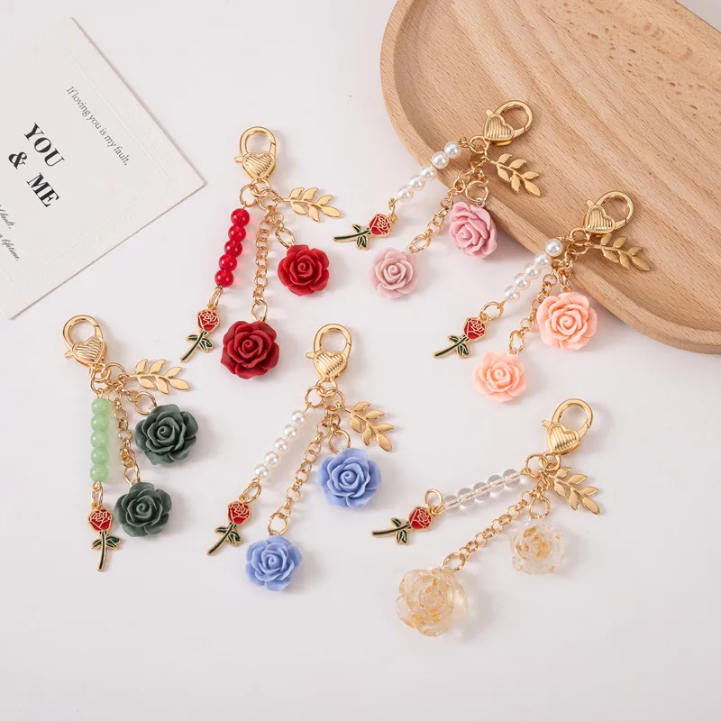 Rose Camellia Keychain Women Girls Sweet Pearl Tassel Flower Keyring With Metal Leaf For Earphone Case Bag Decoration