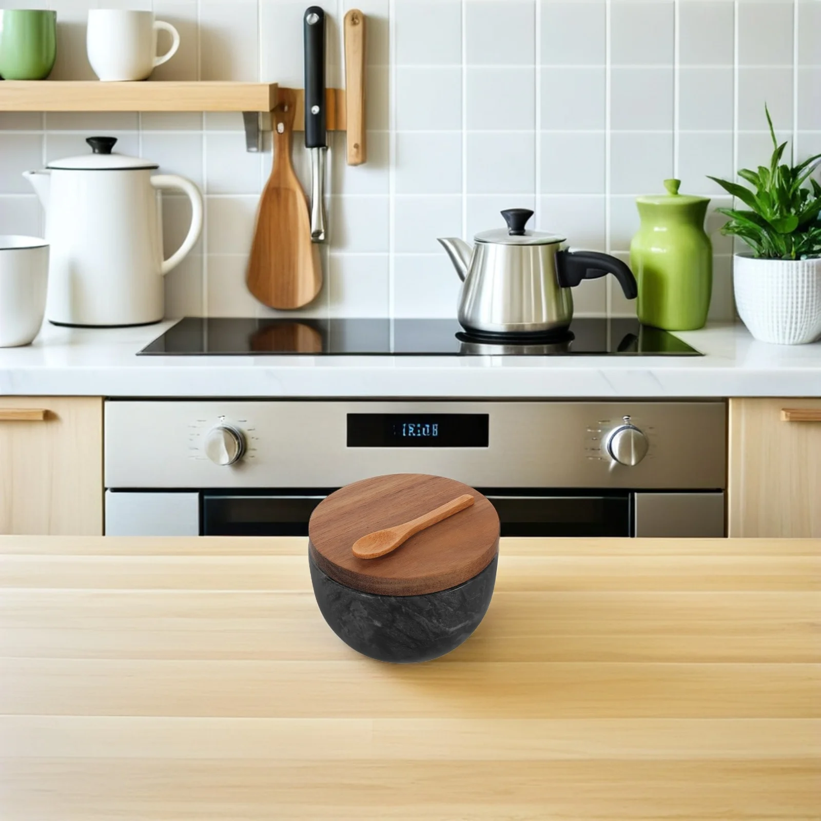 

Marble Salt Bowls Salt Cellars Bamboo Lid Spice Storage Box Holder Seasoning Container Kitchen Jars for Countertop