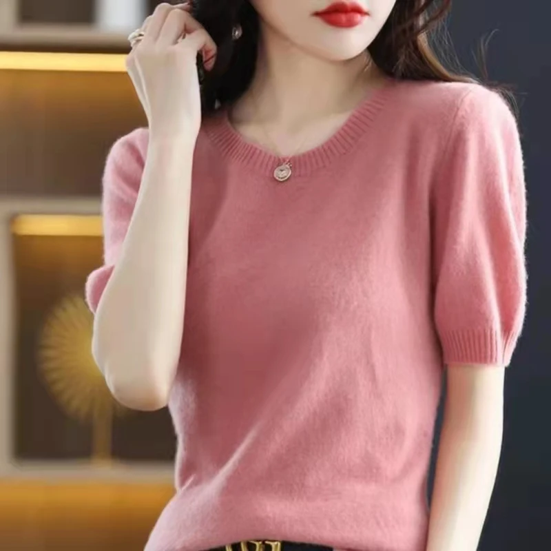 

100% Pure Wool Short-Sleeved Sweater Women's Round Neck Spring And Autumn Pullover Half-Sleeved Short Loose Thin Bottoming Shirt