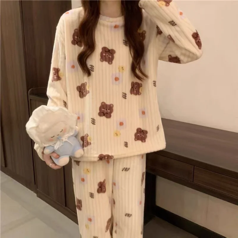 Flannel Pajama Sets Women Lovely Printed Long Sleeve Tops Full Length Pants Cozy Thicker Nightwear Students Leisure Lounge Chic