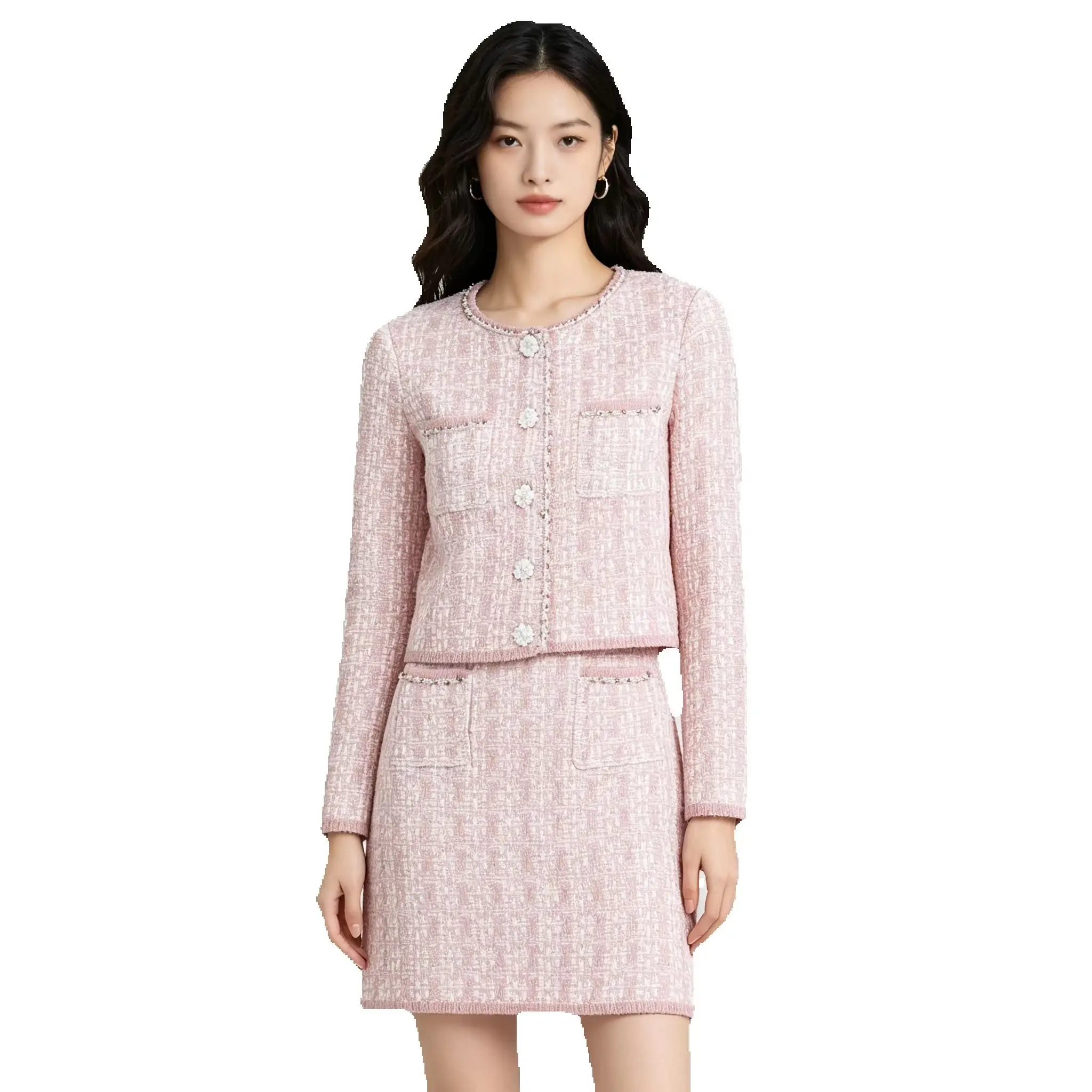 

25300 High-quality Spring And Autumn New Fashionable Woolen Fabric Nail Bead Knitted Cardigan+sleeveless Dress Women's Set