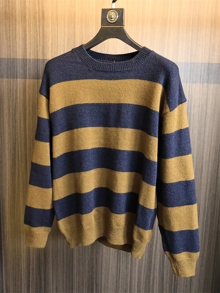 

Теплый свободный крой круглый трикотаж для мужчин, повседневный осенне-зимний модный полосатый удобный свитер M