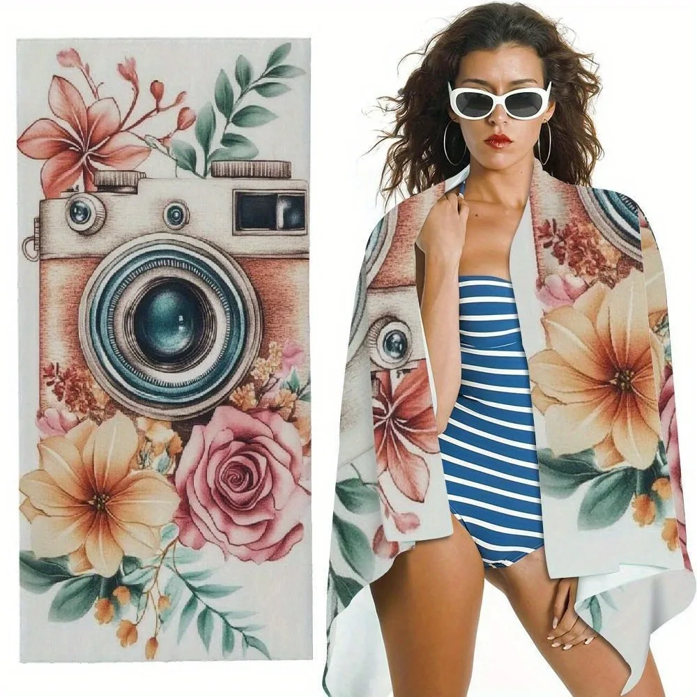 

Vintage Camera Floral Print Beach Towel Lightweight Microfiber Quick Dry Rectangular Pool Beach Gym Camping Bathroom Modern