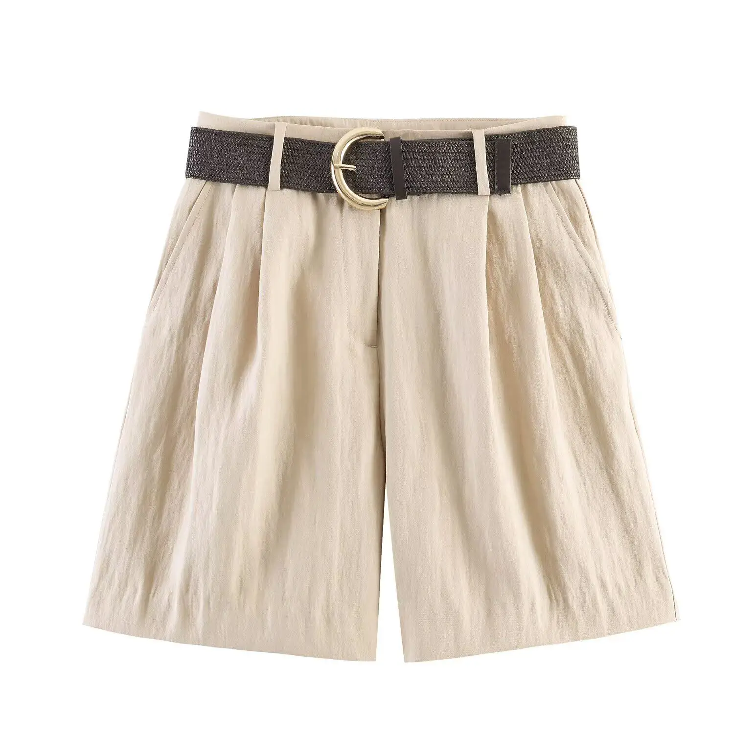 JNLEAOG Summer New Women's Fashion Belted Pleated Casual Shorts Wide Leg Pants Natural Waist Polyester Polyester Fiber