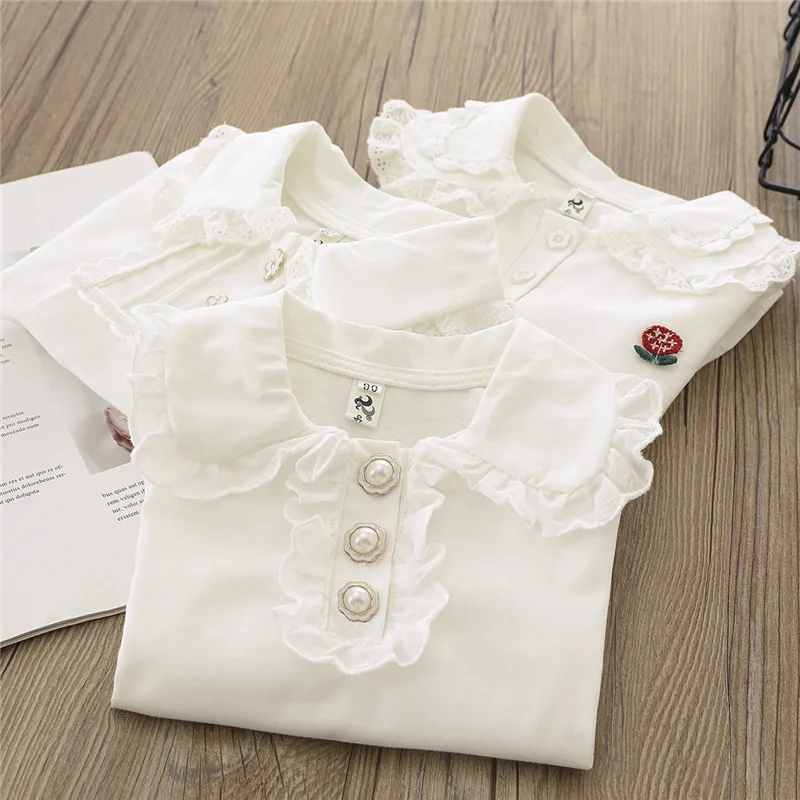 2024 Autumn Children\'s  Shirts School Girls White  Long Sleeve Lace Shirts Kids Shirt Baby Toddler Teen Casual Children Clothes