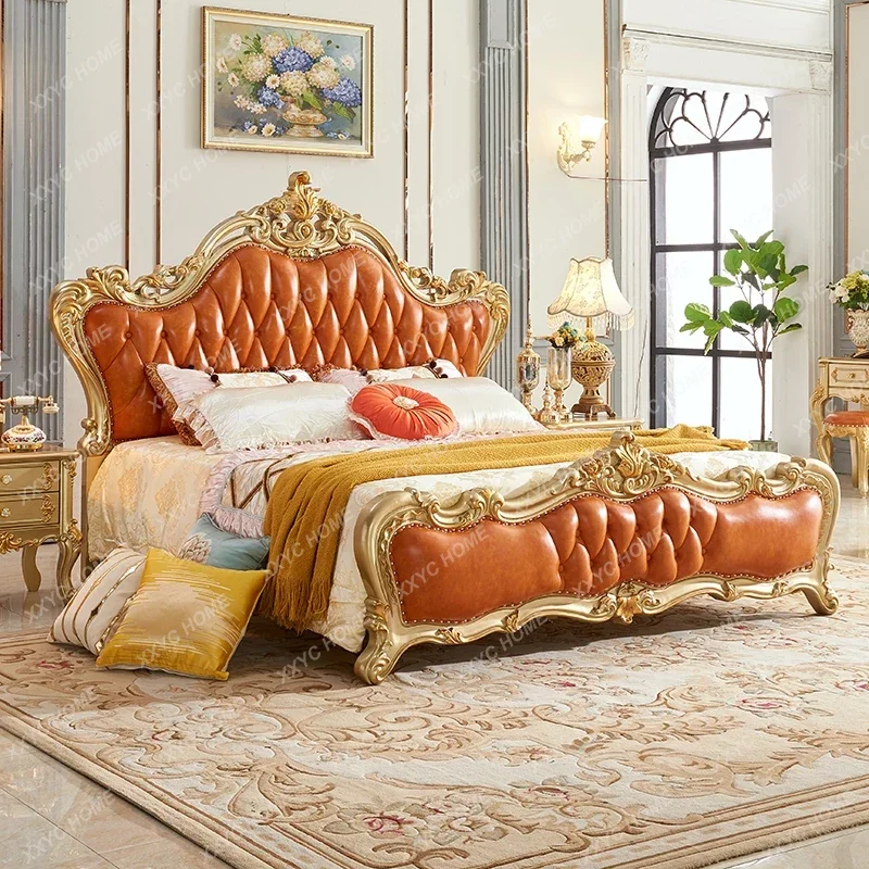 Leather Custom Luxury Double Bed European Hand Carved Luxury Modern Double Bed Queen Girl Muebles Para Dormitorio Furniture