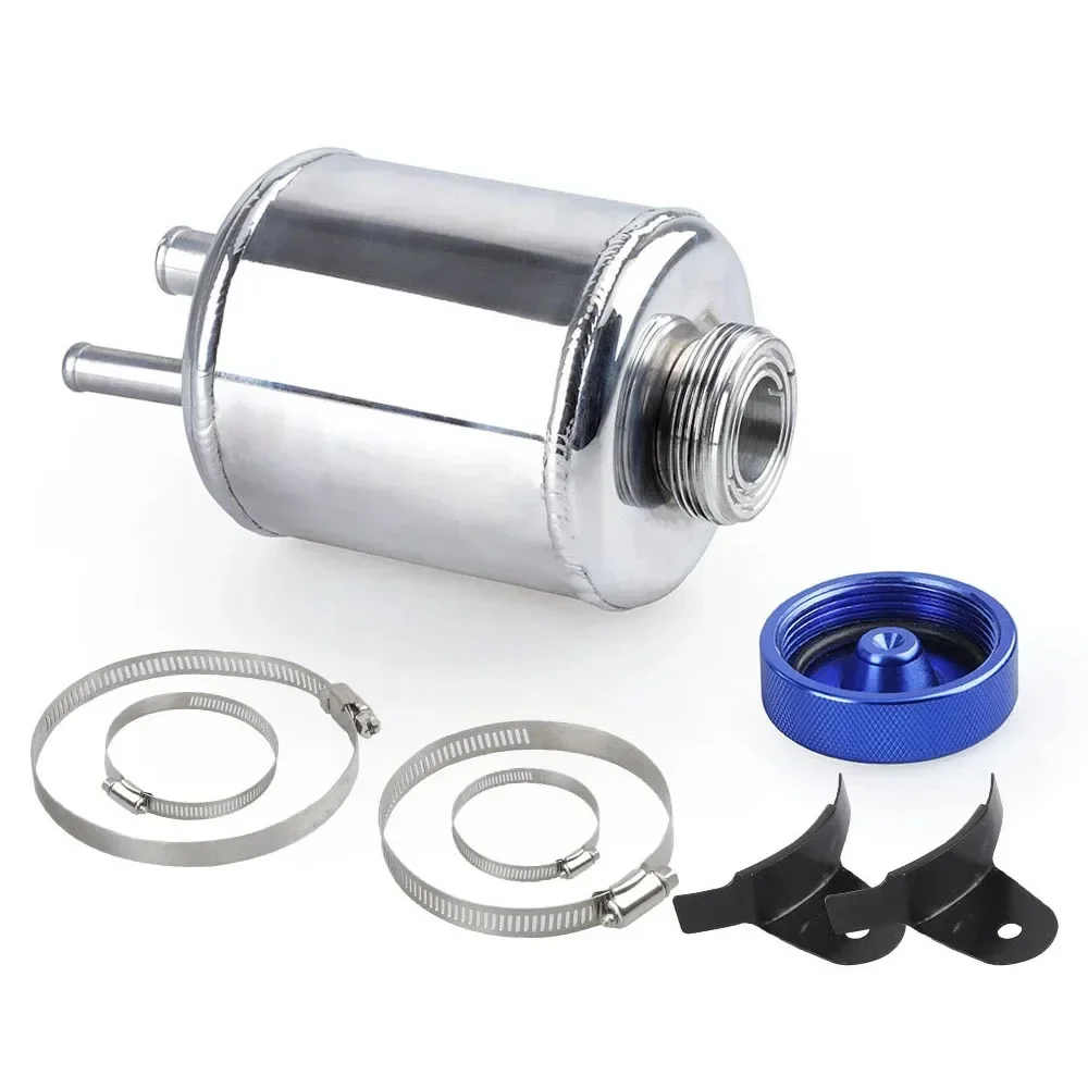 1pc Black Silver Car Fuel Cell Surge Tank Power Steering Tank Oil Catch Can Racing Power Steering Fluid Reservoir Tank Clamps