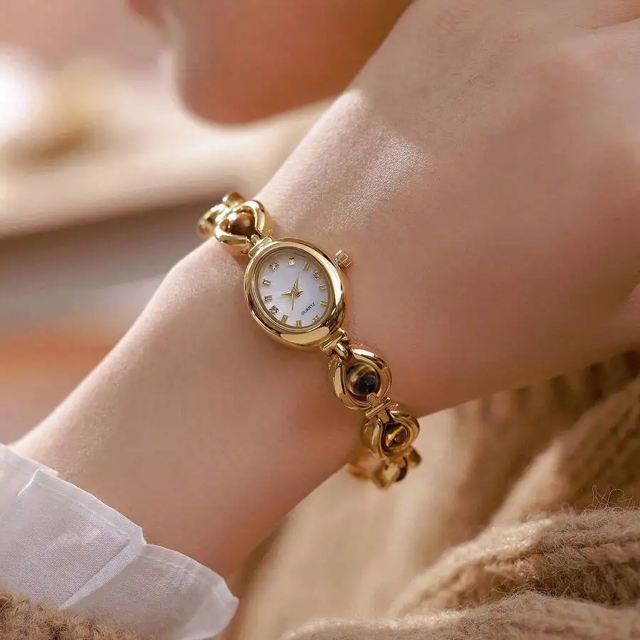 Women's Small Vintage Luxury Pearl Fashion Elegant Waterproof Stainless Steel Quartz Bracelet Watch, Suitable For Daily Wear