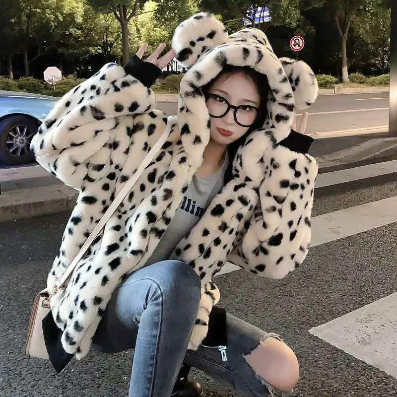 Abrigo de felpa con estampado de leopardo y piel de conejo para mujer, Abrigo con capucha y orejas de oso de imitación Rex para Otoño e Invierno