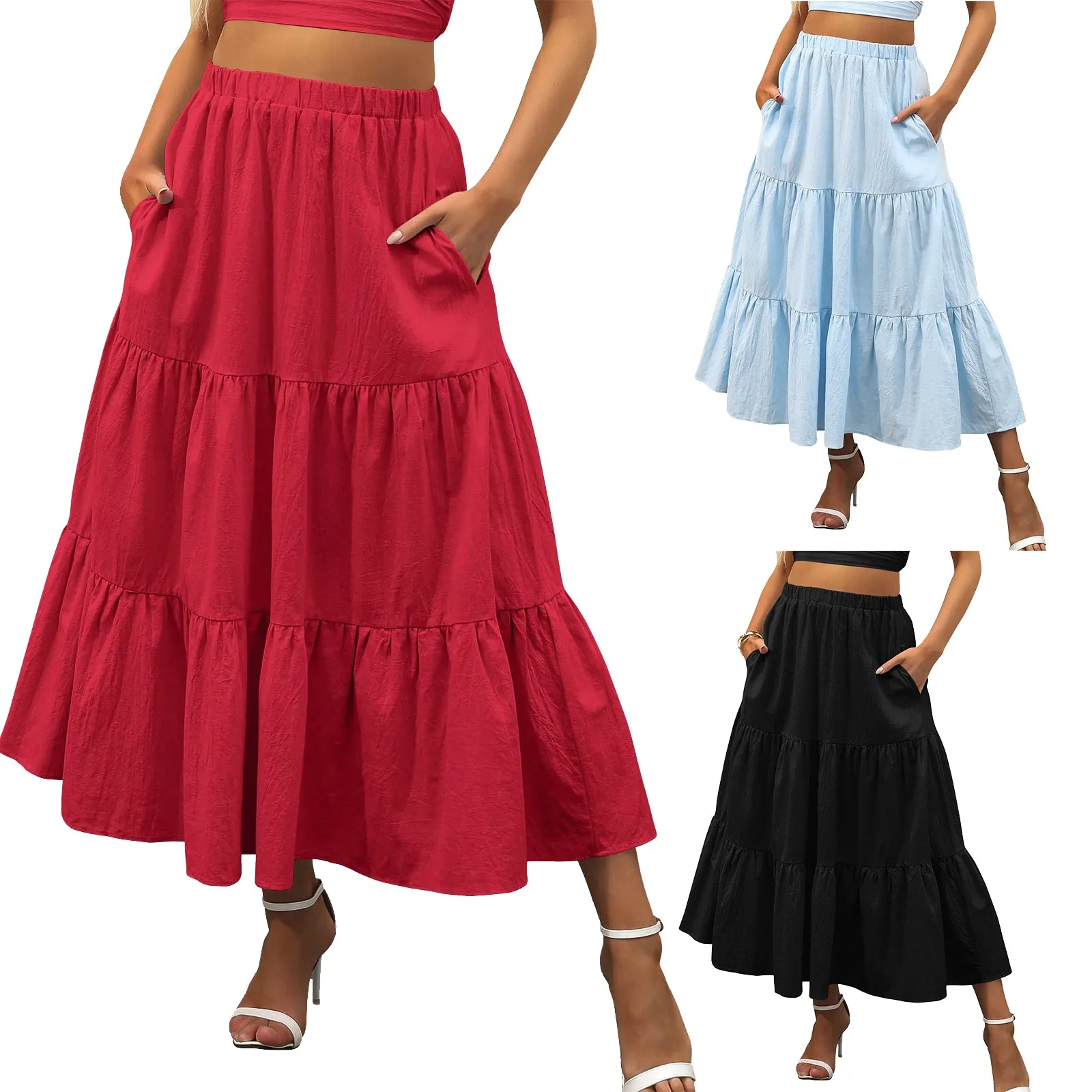 

JAYCOSIN Women’s Maxi Skirt 2022 Summer Boho Elastic Waist Pleated A-Line Faldas Flowy Swing Tiered Long Beach Skirt With Pocket