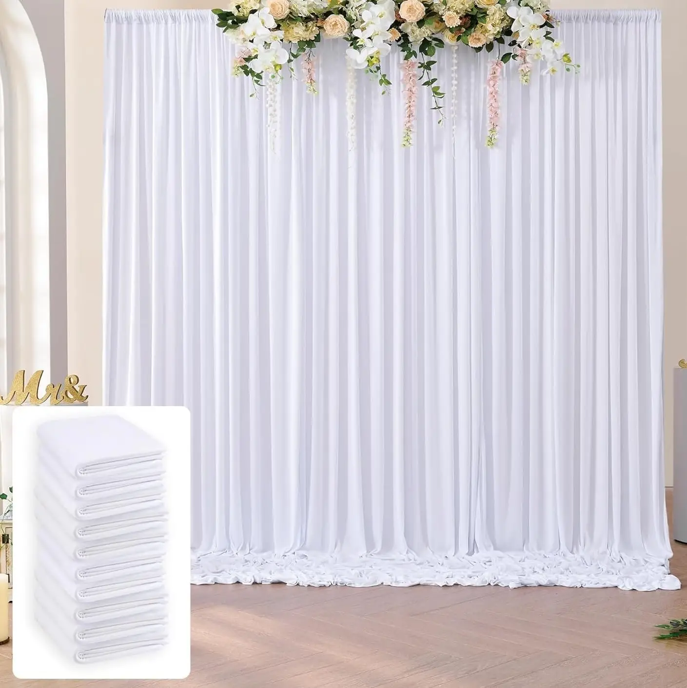 50ft×10ft Wrinkle Free White Backdrop Curtain for Wedding Party, 10 Panels 5×10ft Thick Silky Polyester Photo Backdrop Drapes Cu