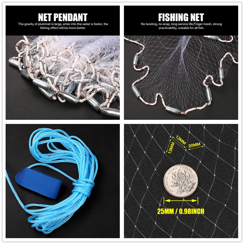 Fishing Cast Nets With Sinker 2.4m/3.6m/4.8m Radius Hand-Throwing Fish Trap Nets Heavy American Network With Shrimp Basket