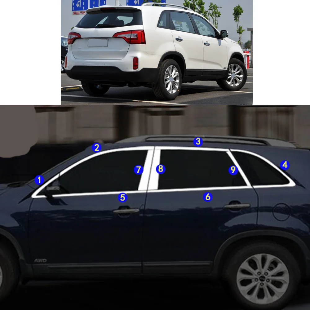 For KIA Sorento 2009 2010 2011 2012 2013 2014 Car Sticker Garnish Pillar Window Middle Strip Trim Frame Hoods Parts