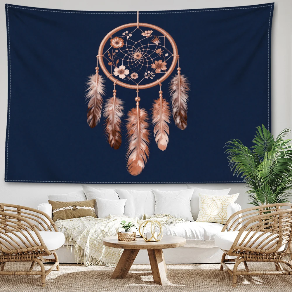 Navy Blue Rose Feather Circle Dream Catcher Wall Tapestry, Boho Decor