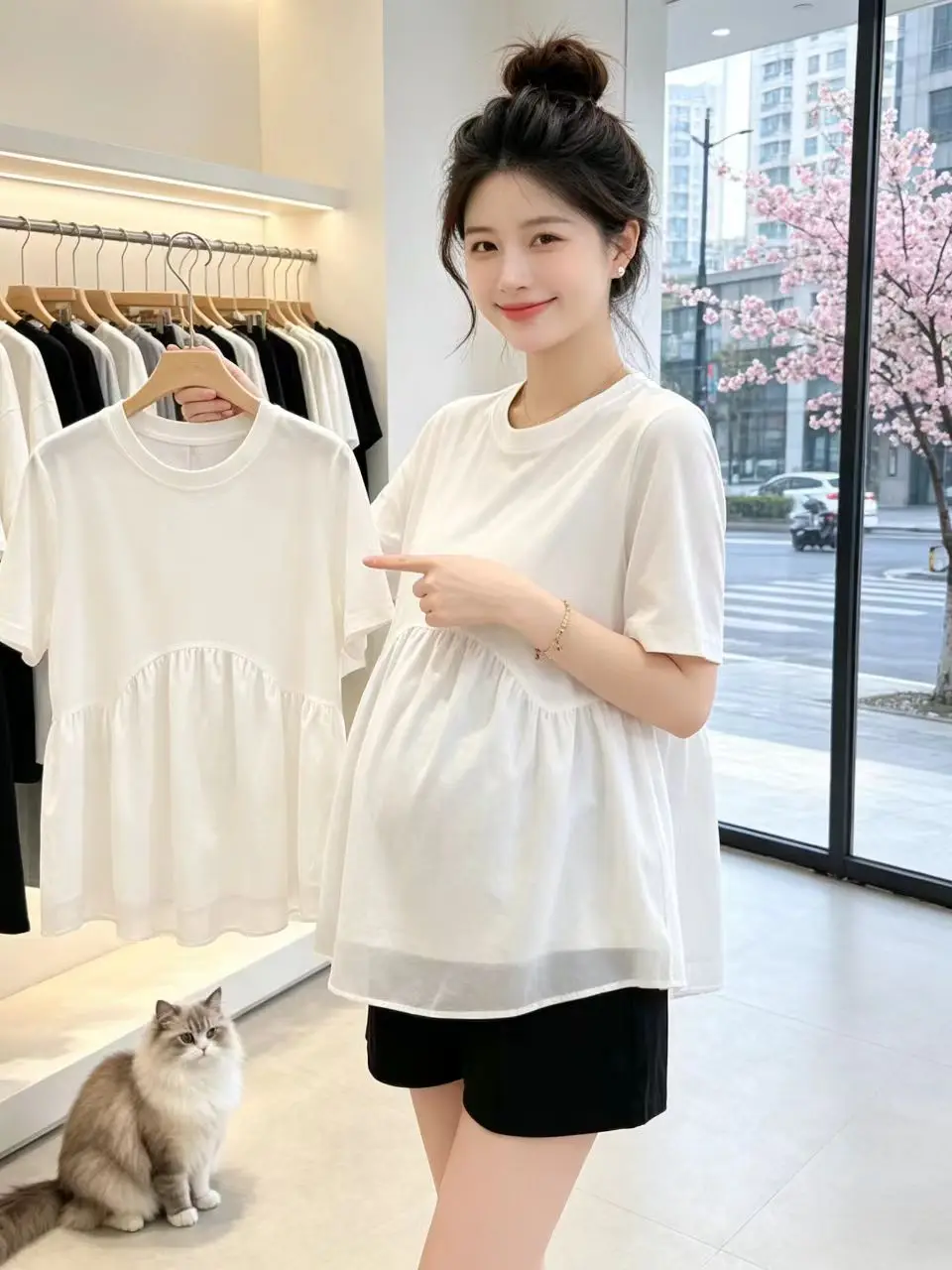 夏のマタニティトップとショーツセット純綿スプライスシフォンルーズドールシャツ半袖マタニティウェアカジュアルスタイル