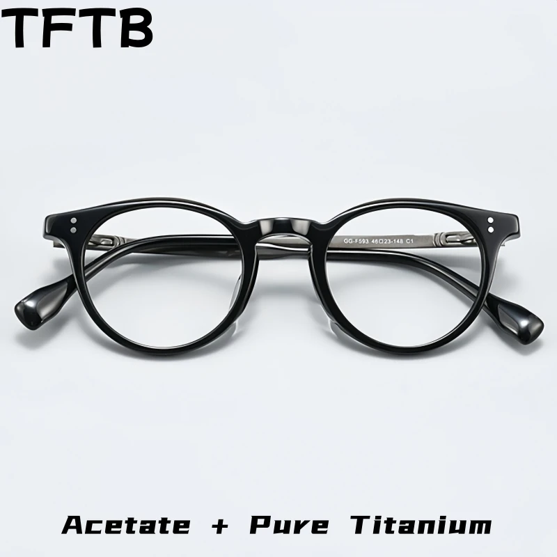 

TFTB Luxury Acetate Retro Round Men and Women Glasses Pure Titanium Temples Small Size Optical Prescription Eyeglasses Frame GG5