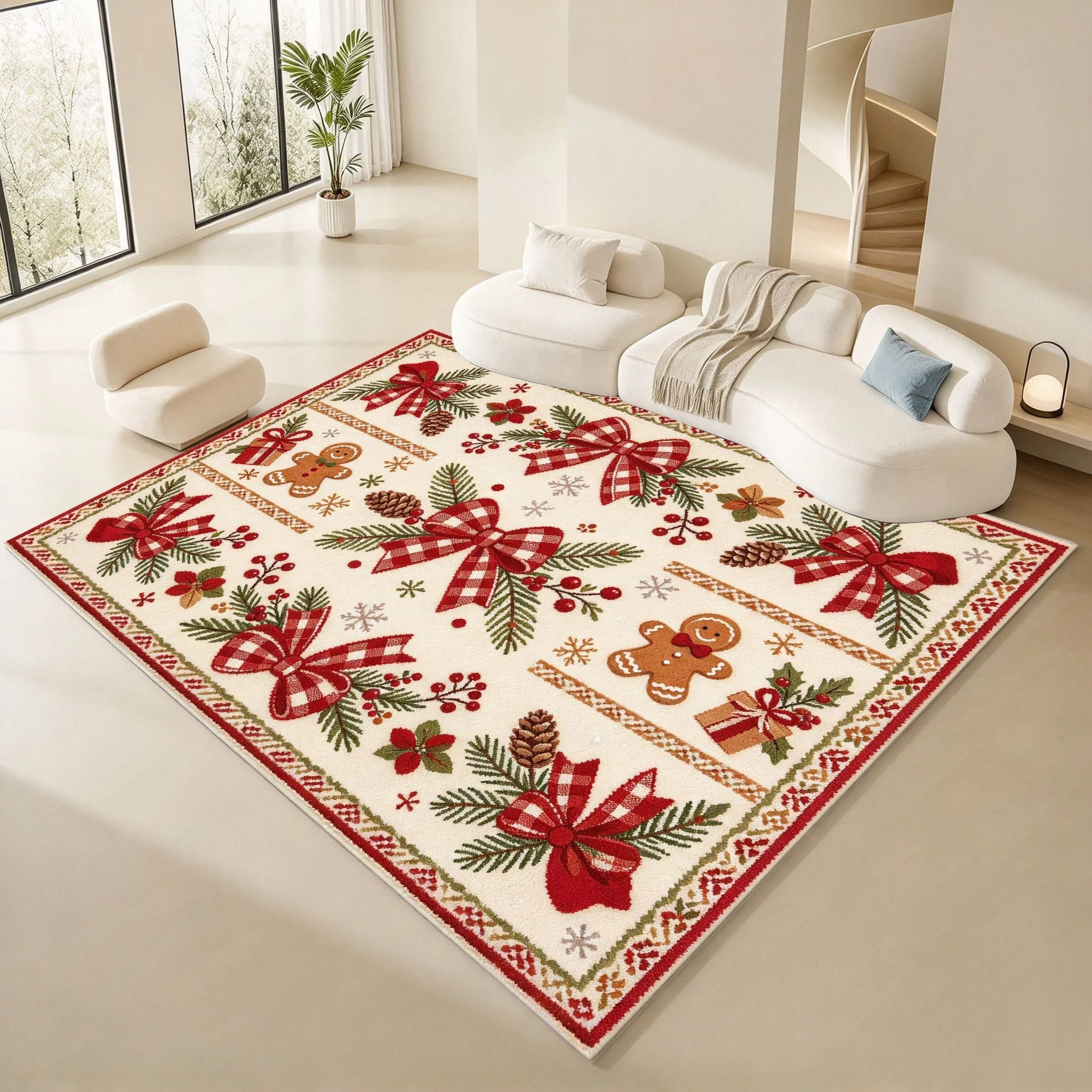 Plaid Patchwork Christmas Area Rug Santa Tree Snowflake Red Check Print Large Floor Mat Rustic Farmhouse Winter Holiday Carpet