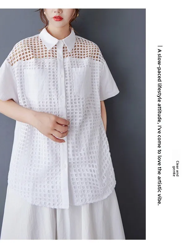 

Fashionable Casual Hollow out Splice Shirt Women's Breathable Short Sleeve Polyester Fiber Versatile Top Spring Season